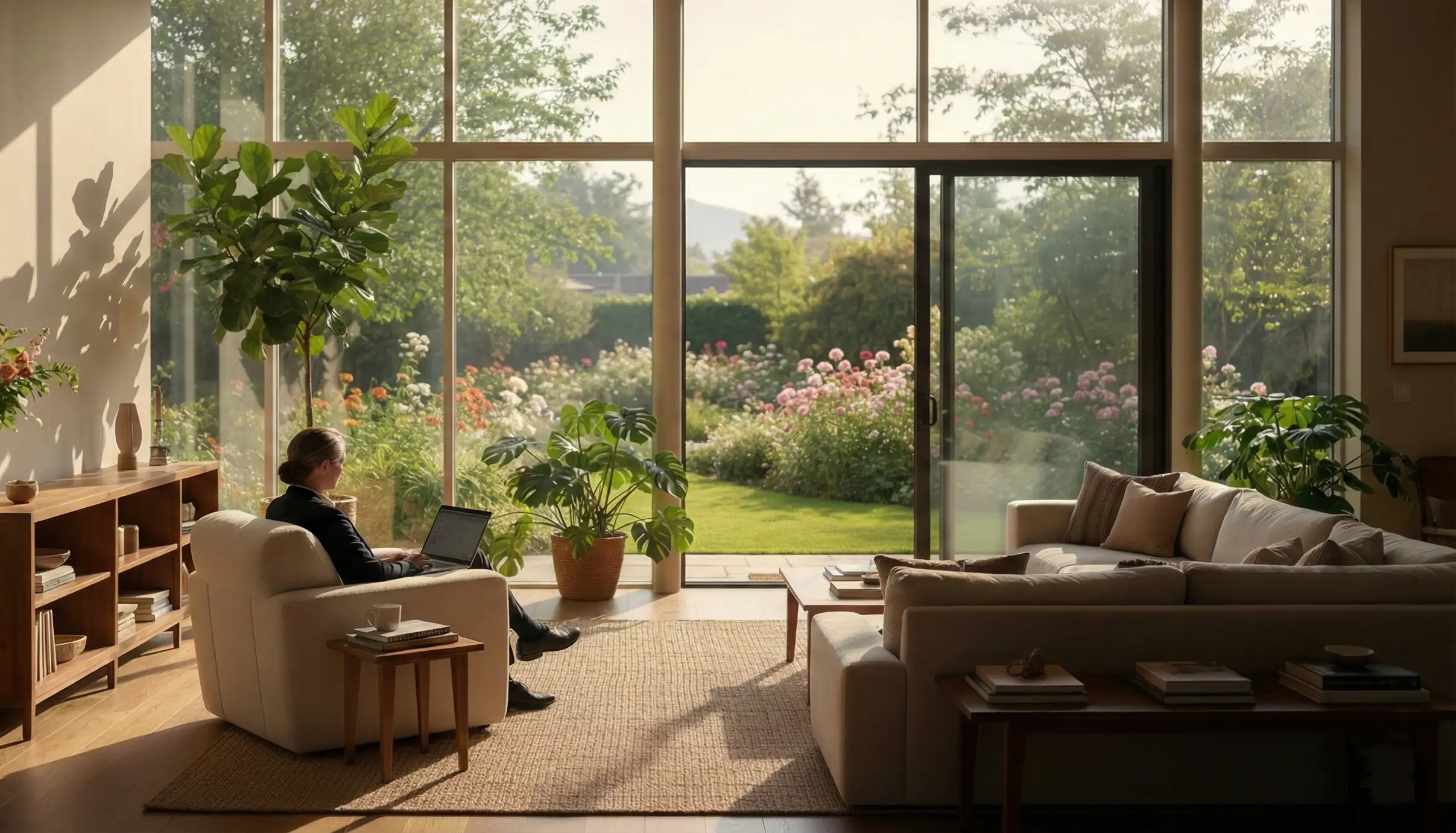 Attorney working from a beautiful home office overlooking a garden