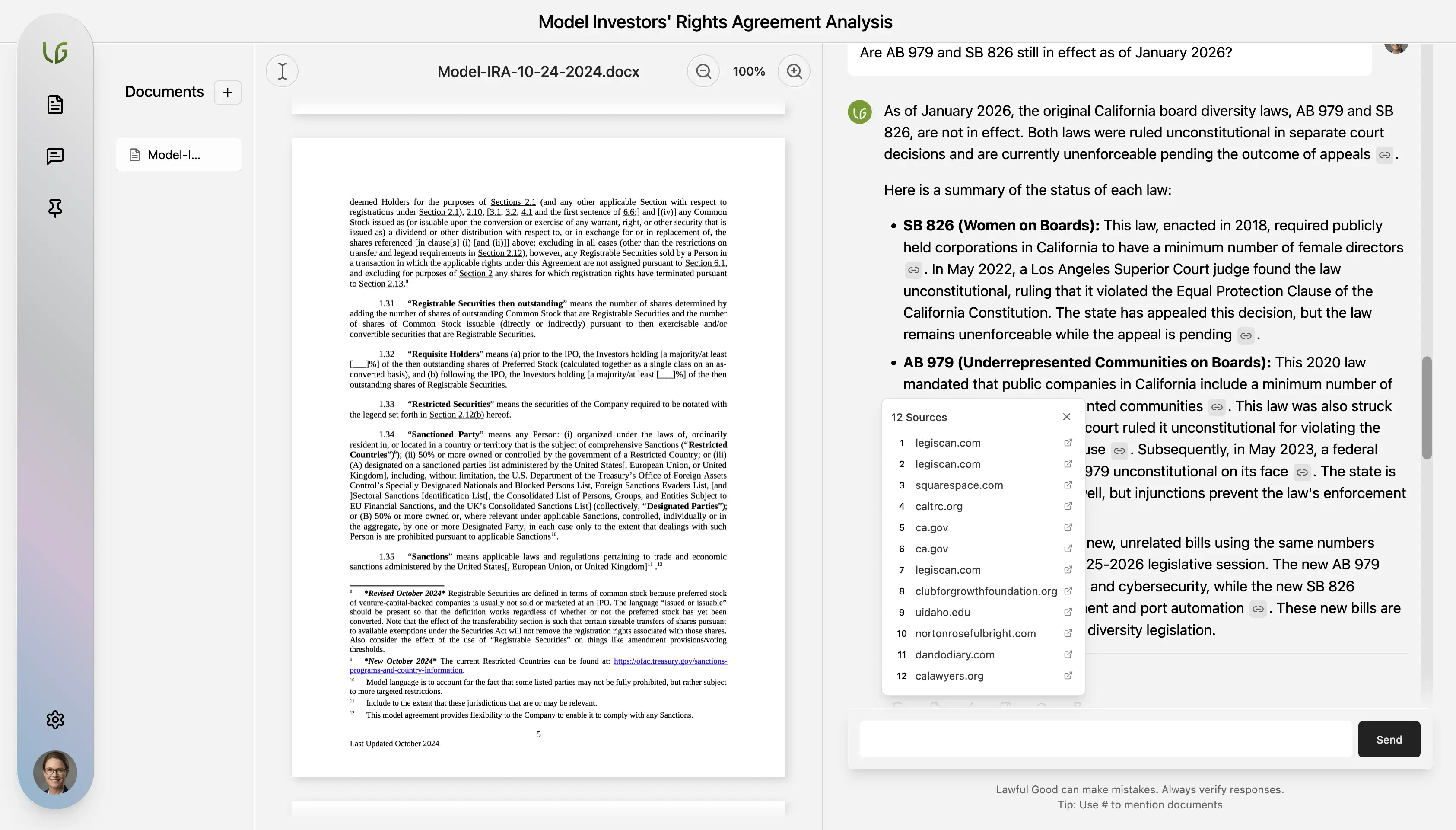 Screen mockup of Lawful Good grounded citations and research